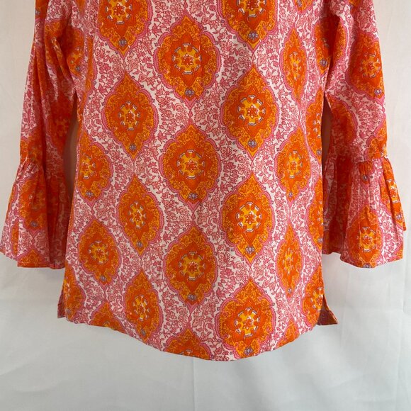 Elizabeth Wilson Mandala Floral Print Top XS Orange Pink White Ruffle Collar - Picture 4 of 11